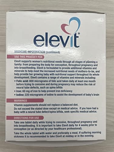 Elevit Pre-conception and Pregnancy daily multivitamin bottle showcasing premium nutrition facts
