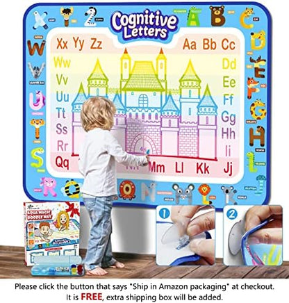 Toddler using the water filled magic pen to trace animal illustrations on the reusable Jasonwell coloring mat.