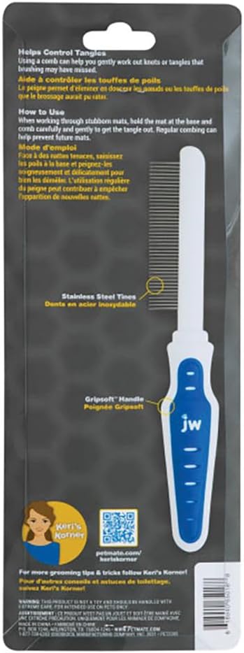 JW Pet GripSoft Cat Comb showing ergonomic non-slip blue handle