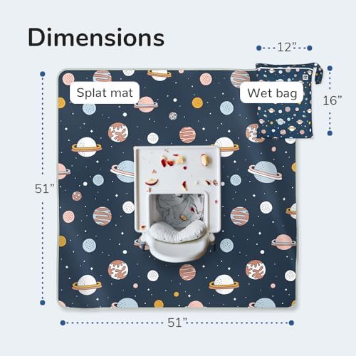 WildCubz baby led weaning floor protector mat folded up neatly next to its matching space cadet wet bag.