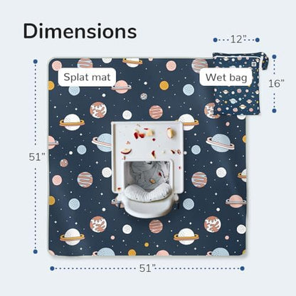 WildCubz baby led weaning floor protector mat folded up neatly next to its matching space cadet wet bag.