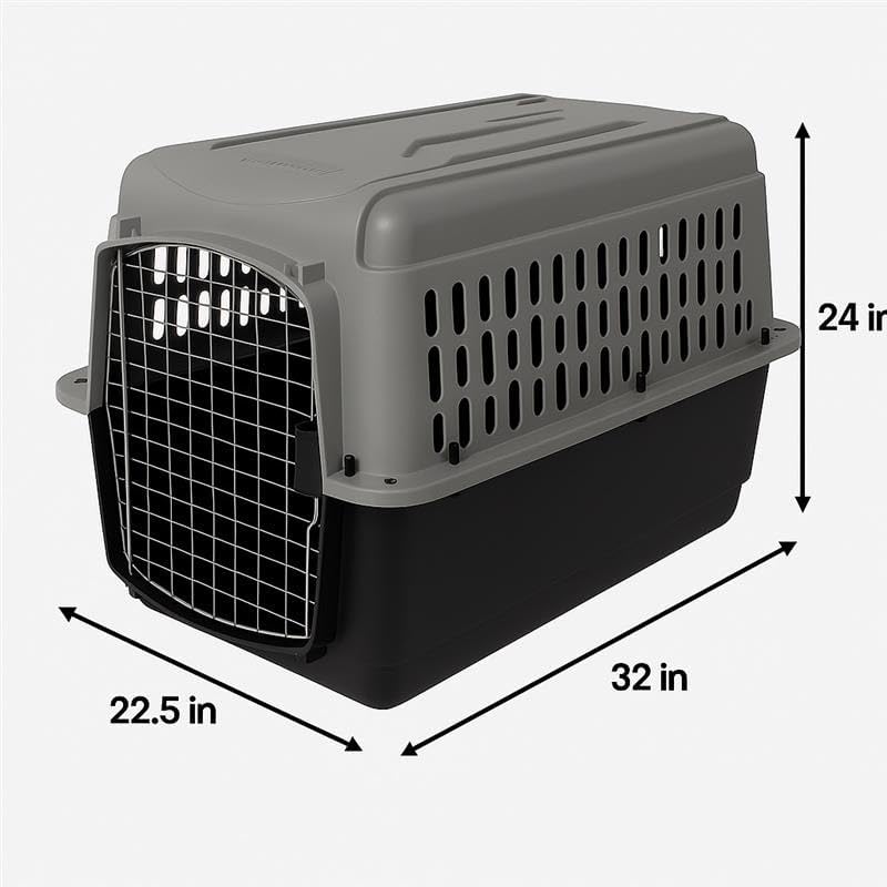 Petmate hard-sided plastic pet carrier showcasing the molded corner tie-down holes for airline travel zip-tie compliance