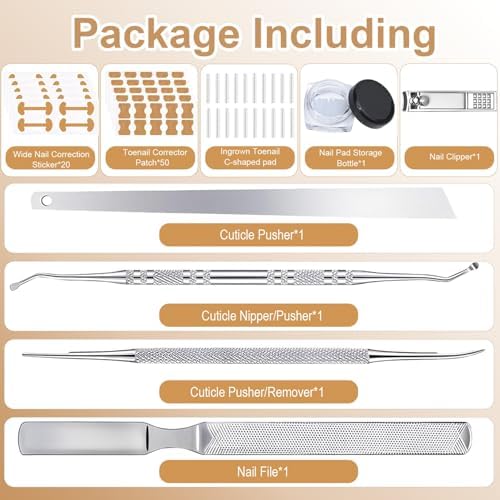 Stainless steel pedicure tools including dual sided nail lifter and file components arranged neatly for home care