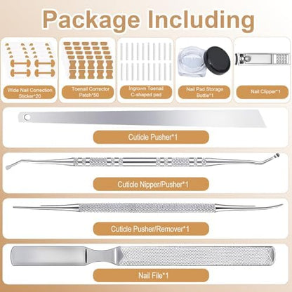 Stainless steel pedicure tools including dual sided nail lifter and file components arranged neatly for home care