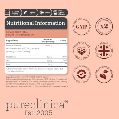 Pureclinica unflavored horsetail extract tablets for strengthening brittle nails and thinning hair