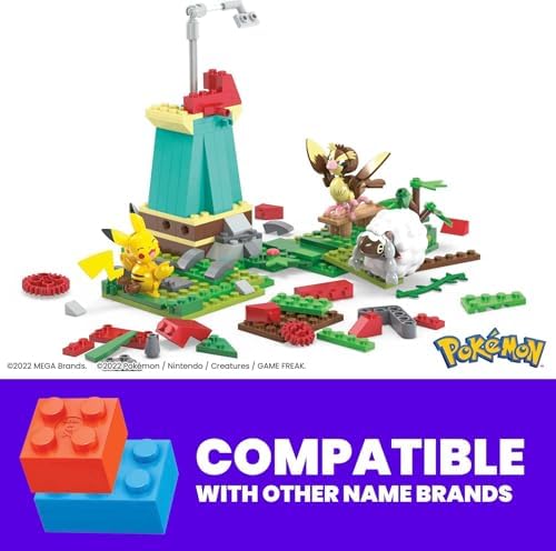Poseable Pikachu figure standing on the green grass section of the MEGA building toy kit.