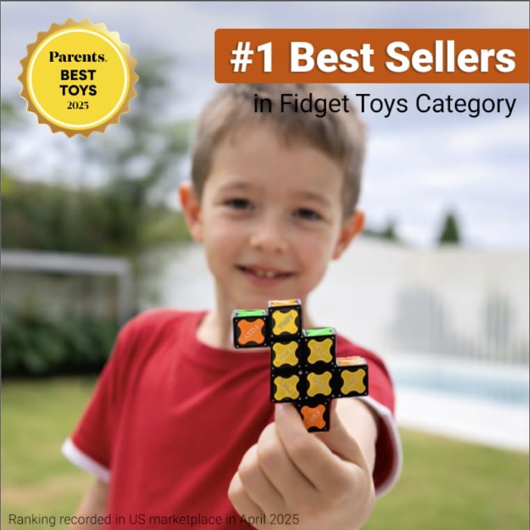 TOSY magnetic puzzle toy being manipulated by hands to fold from a standard puzzle into an elongated infinity shape.