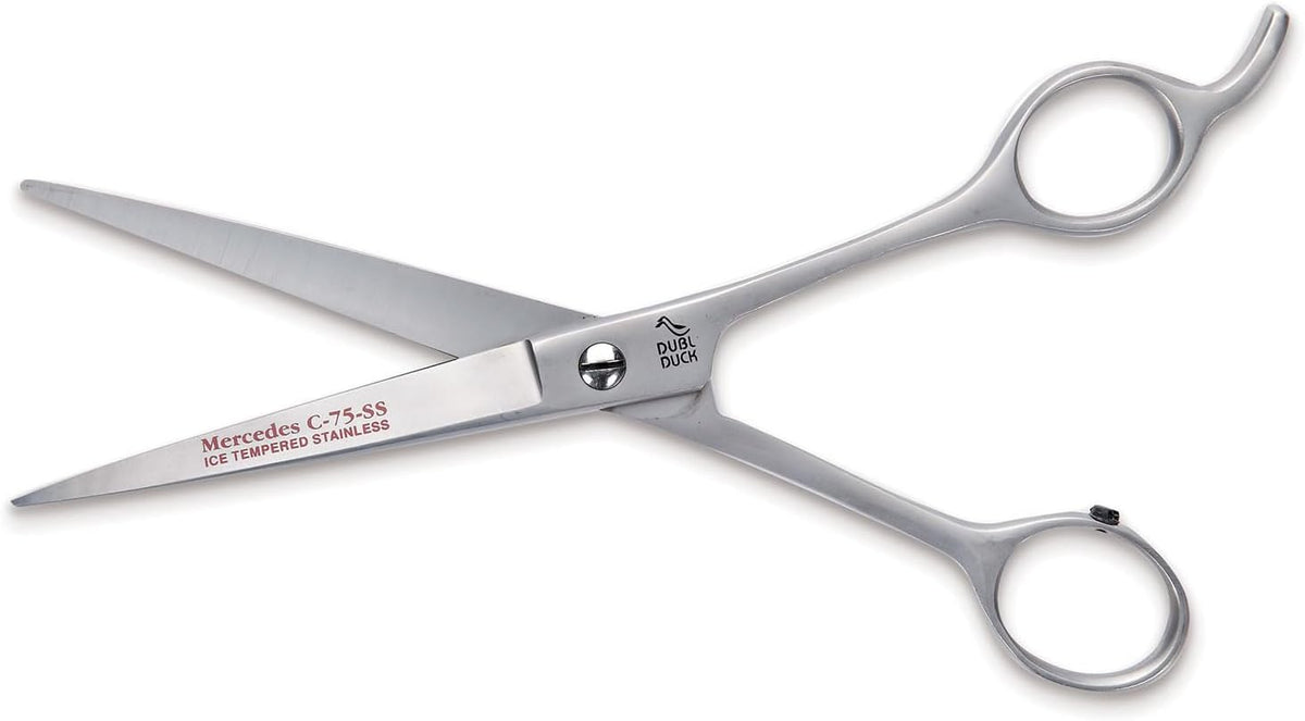 Dubl Duck Mercedes professional pet grooming scissors angled view showing finger holes and rest