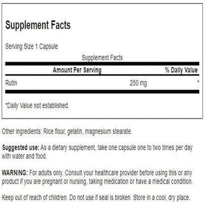 Swanson Rutin 250 Milligrams supplement label showing ingredients and serving size