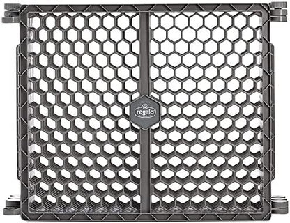 Close up view of the walk through door with safety locking feature on the Regalo plastic playpen.