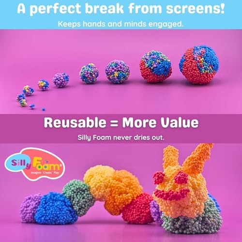 Child hands kneading colorful polystyrene bead blocks for travel friendly preschool arts and crafts.
