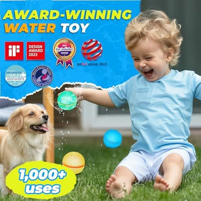 A child submerging a Tizikcon silicone water splash bomb into a pool showing the one second magnetic self sealing action.
