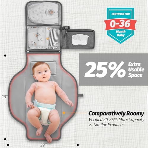 PZU grey folding changing pad attached securely to a stroller handle for outdoor convenience.