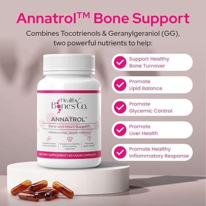 Annatrol Tocotrienols and GG supplement bottle side view display of non-GMO and gluten-free badges.