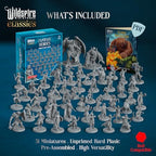 Wildspire mercenary guild unpainted figures group arrangement showing twenty-eight millimeter details