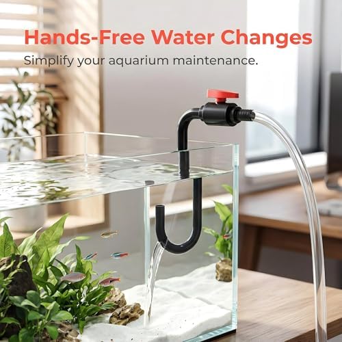 Spill-proof aquarium water filler valve accessory connected for an indoor tank change.