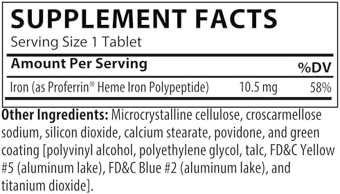 Proferrin ES 10.5mg supplement facts label with animal source heme iron ingredients listed