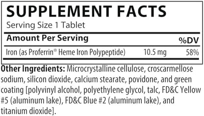 Proferrin ES 10.5mg supplement facts label with animal source heme iron ingredients listed