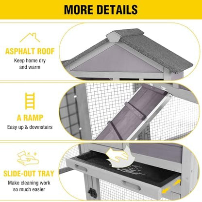 Aivituvin Rabbit Hutch Indoor Bunny Cage Outdoor with Run Chicken Coop Guinea Pig House with Waterproof Asphalt Roof,No Leakage Pull Out Tray (103.2" L x 25.2" W x 36.2" H, Grey-2 Sets) - Image 3