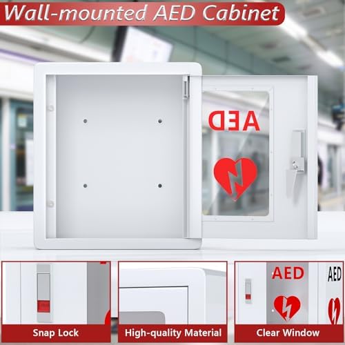 White metal AED wall mount cabinet showing pre-drilled installation holes.