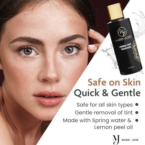 Gentle lemon peel oil infused eyebrow henna tint remover liquid bottle on a clean surface