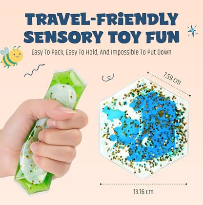 Travel friendly Jumble Dream liquid motion fidget toys being packed into a toddler backpack for stress relief.