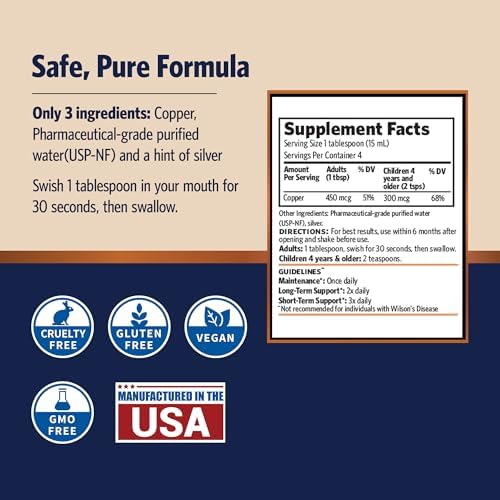Side angle of the imported bioavailable copper hydrosol dietary supplement bottle highlighting the allergen free certifications.