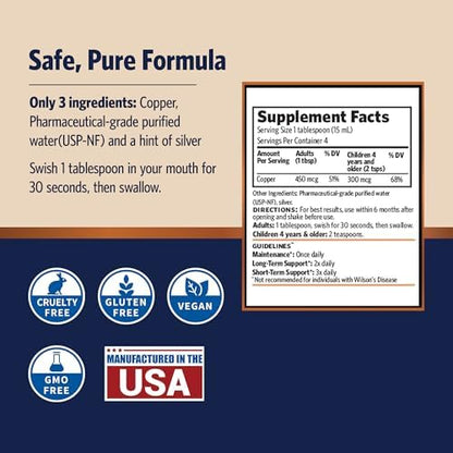 Side angle of the imported bioavailable copper hydrosol dietary supplement bottle highlighting the allergen free certifications.