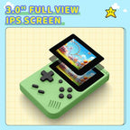 Green retro handheld game player with buttons and screen