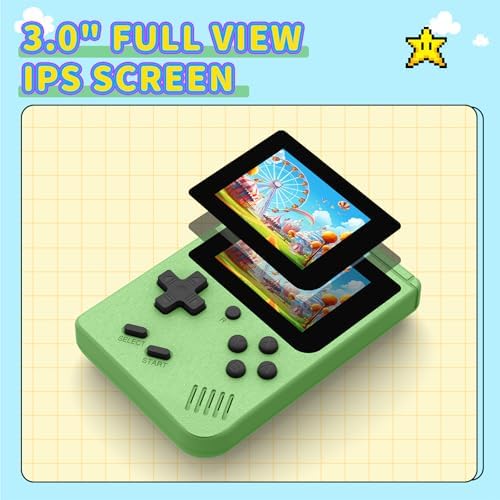 Green retro handheld game player with buttons and screen