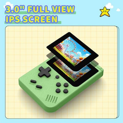 Green retro handheld game player with buttons and screen