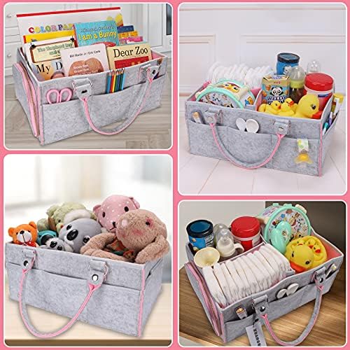 Top view of baby diaper caddy organizer with baby essentials inside