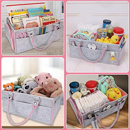 Top view of baby diaper caddy organizer with baby essentials inside