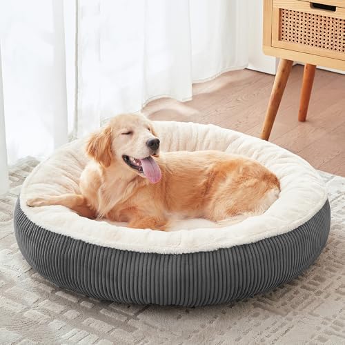 36 inches Donut Dog Bed for Large Dogs - Calming Round Pet Bed with Removable&Washable Cover, Plush Faux Fur & Corduroy, Fits Pets up to 80 lbs(Dark Grey, Large) - Image 2