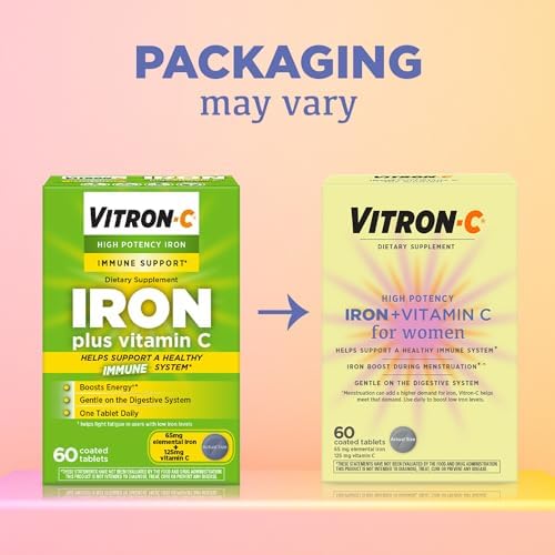 Vitron-C sixty coated tablets bottle displaying nutrition facts and elemental iron dosage