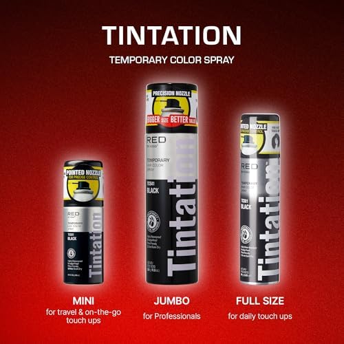 Woman applying Red by Kiss Tintation spray to conceal grey roots