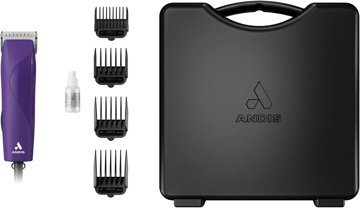 Seven piece pet grooming kit with detachable ceramic blade and storage case.