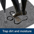 Bcoimo muddy paws door mat placed near a home entryway with a dog stepping on it