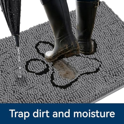 Bcoimo muddy paws door mat placed near a home entryway with a dog stepping on it