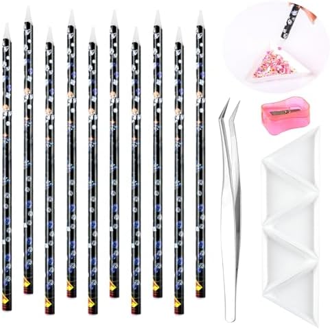 Blulu wax rhinestone picker tool pencil set front view showing ten white wooden pencils and craft accessories