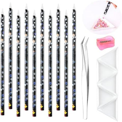 Blulu wax rhinestone picker tool pencil set front view showing ten white wooden pencils and craft accessories