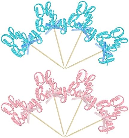 Glitter Oh Baby gender reveal cake decorations close up