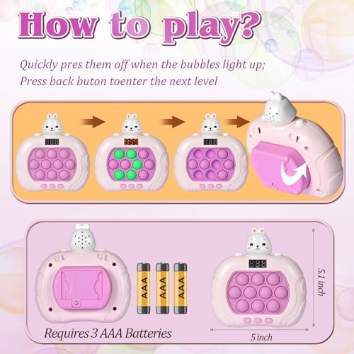 Child holding the pink rabbit pop it game console demonstrating interactive multiplayer gameplay