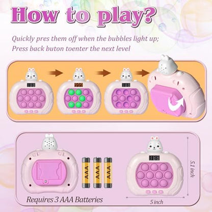 Child holding the pink rabbit pop it game console demonstrating interactive multiplayer gameplay