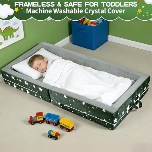 Removable crystal velvet cover being unzipped from the toddler floor mattress