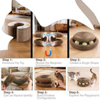 An indoor kitten playing with the rolling bell ball inside the recycled corrugated cardboard track.