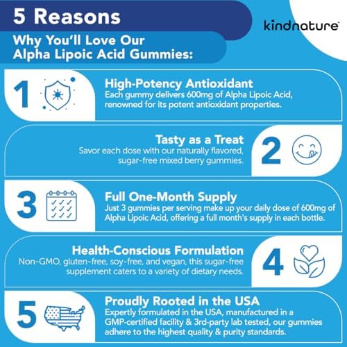 Kindnature vegan alpha lipoic acid supplement bottle showing non-GMO seal