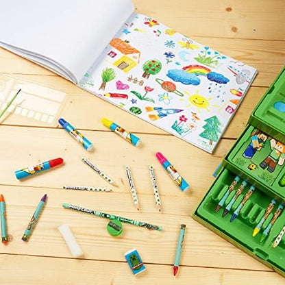 Minecraft school supplies coloring kit open displaying crayons and colored pencils