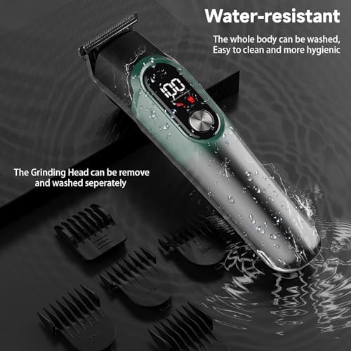 Waterproof electric beard trimmer for men being cleaned under running tap water