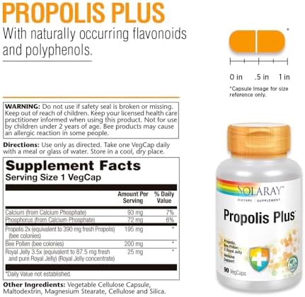 Solaray Propolis Plus supplement bottle side label displaying detailed supplement facts and bee-derived ingredients.